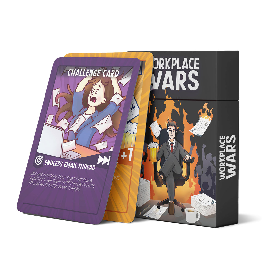 Workplace Wars card game with office-themed challenge cards and witty workplace illustrations, designed for engaging team-building sessions and unforgettable game nights.