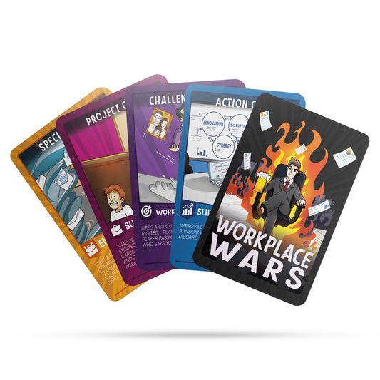 Workplace Wars card game layout featuring special, project, challenge, and action cards along with the cover card, highlighting entertaining workplace scenarios perfect for game nights and team-building activities.