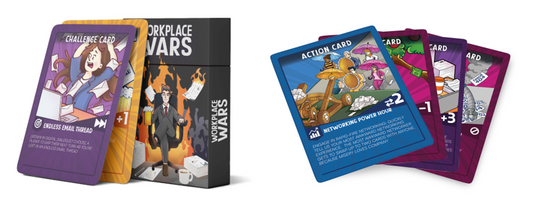 Workplace Wars card game featuring the box design, challenge cards like 'Endless Email Thread,' and action cards such as 'Networking Power Hour,' showcasing humorous workplace scenarios and engaging gameplay options.