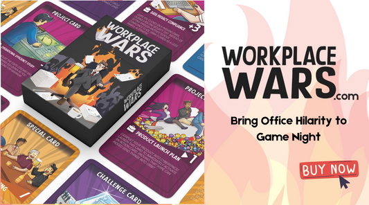 Workplace Wars card game advertisement featuring the game box, colorful cards like challenge and project cards, and the tagline 'Bring Office Hilarity to Game Night' with a 'Buy Now' button.