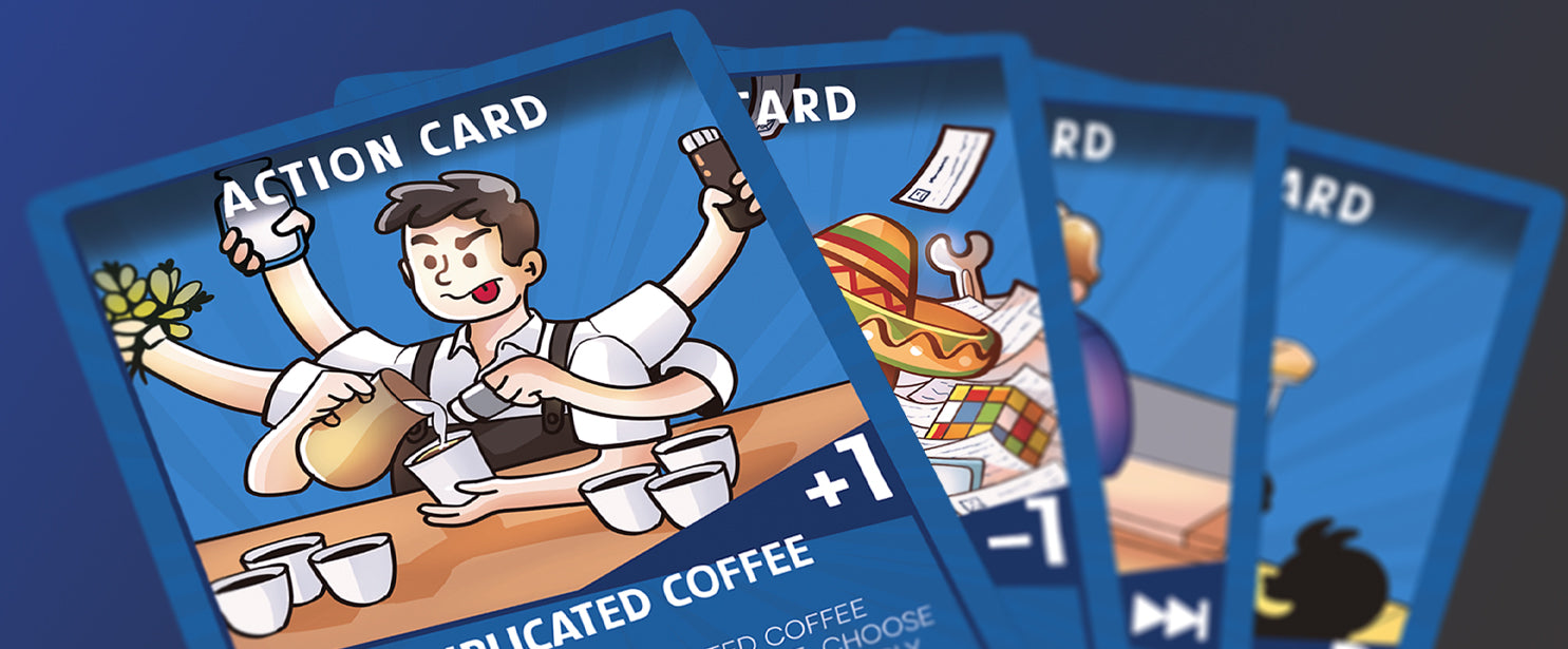 Close-up of Workplace Wars action cards featuring 'Complicated Coffee,' with playful office humor and creative illustrations designed for engaging strategic gameplay.