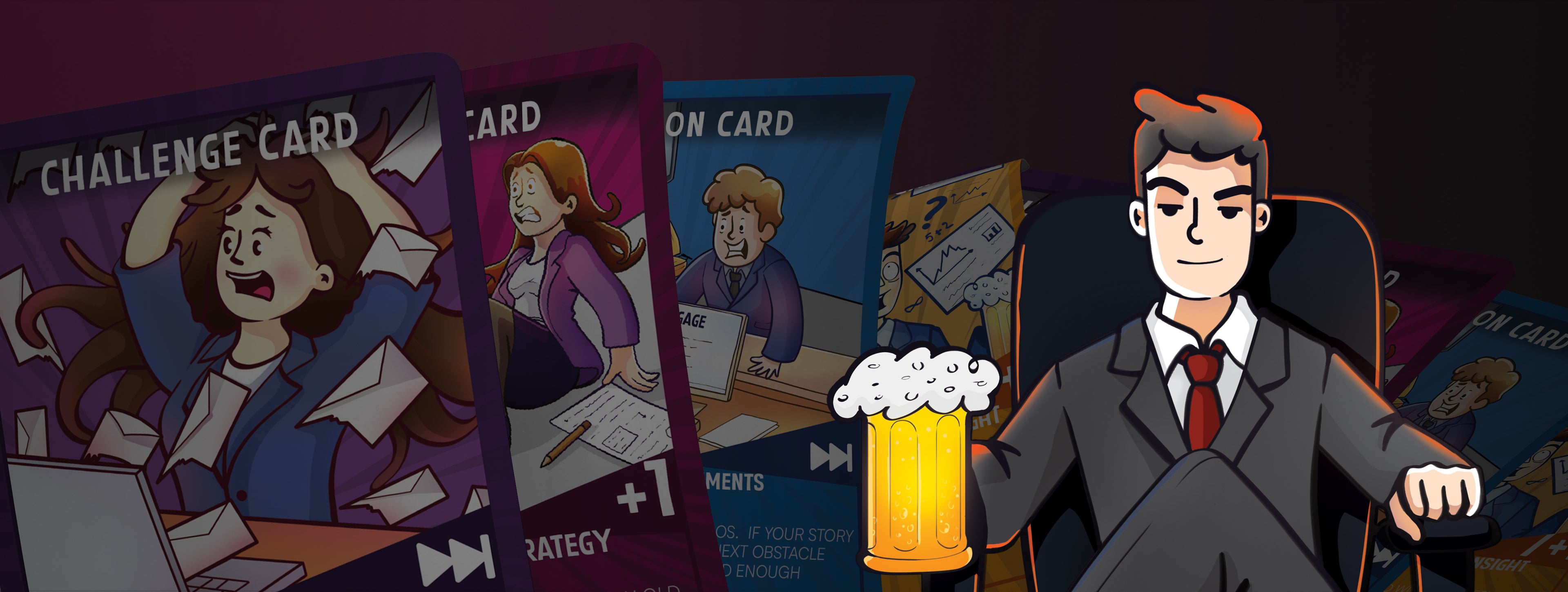 Workplace Wars gameplay preview featuring a businessman holding a beer mug, surrounded by challenge and action cards illustrating humorous workplace scenarios.