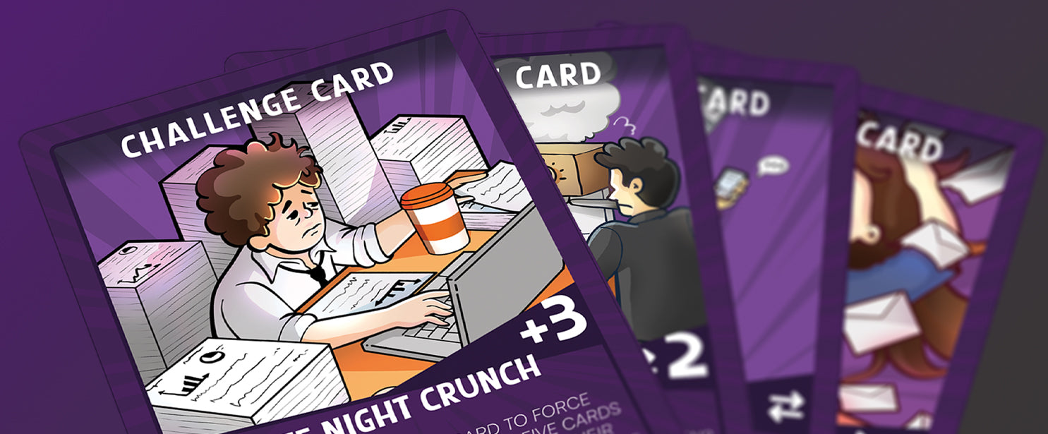 Close-up of Workplace Wars challenge cards featuring humorous illustrations like 'Late Night Crunch,' showcasing relatable office scenarios for strategic gameplay.