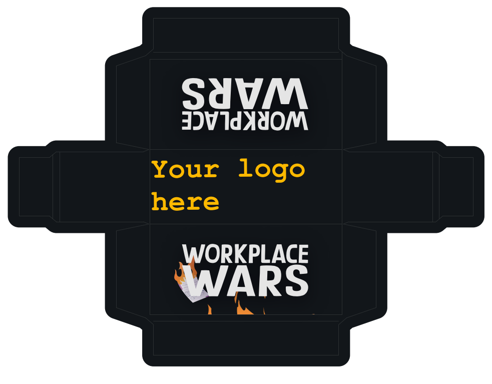 Workplace Wars customizable card game box template featuring placeholder text for logo placement and branding, designed for personalization and promotional use.