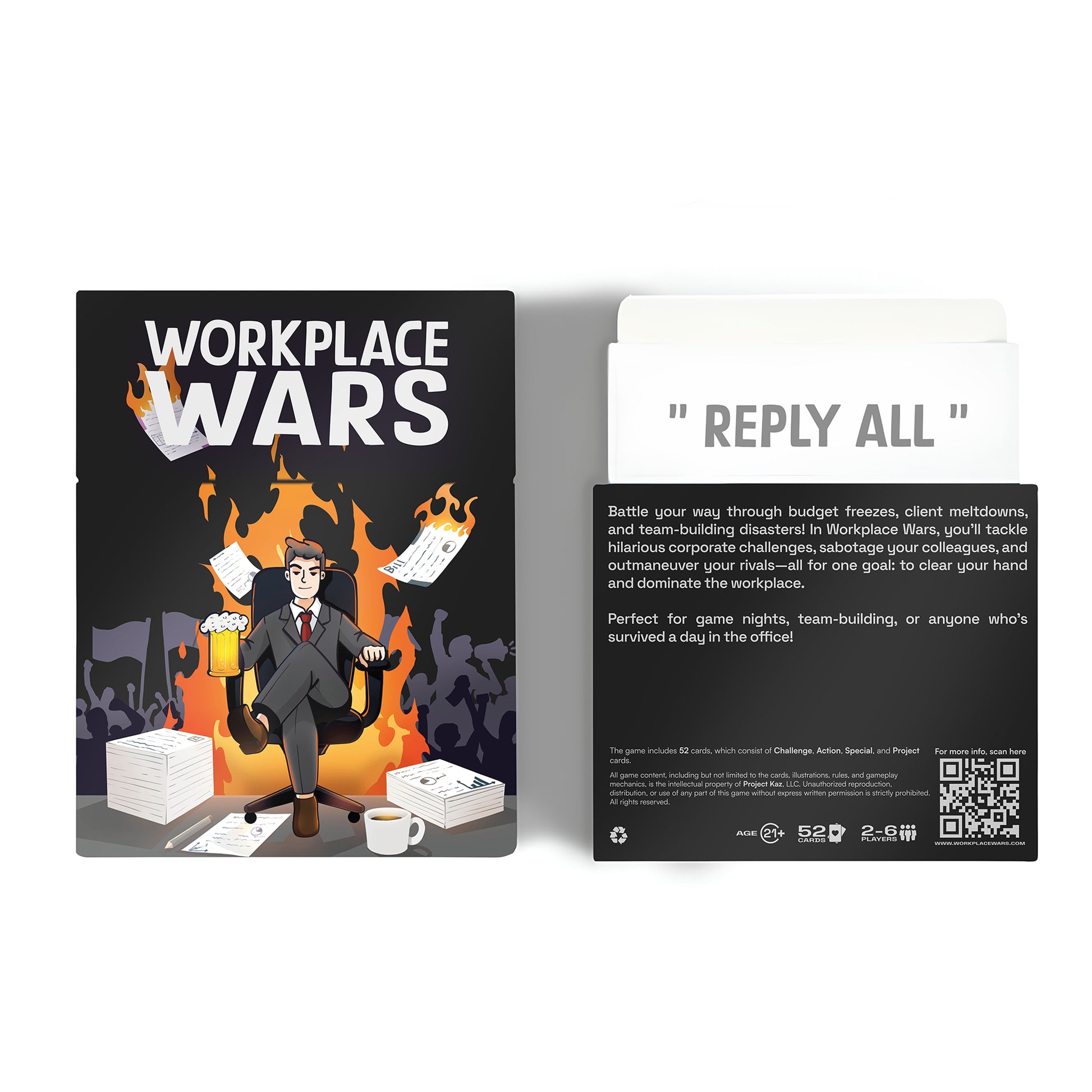 Workplace Wars card game box design featuring a businessman amidst office chaos, the tagline 'Reply All,' and details about the game, highlighting humorous workplace challenges for team-building and game nights.