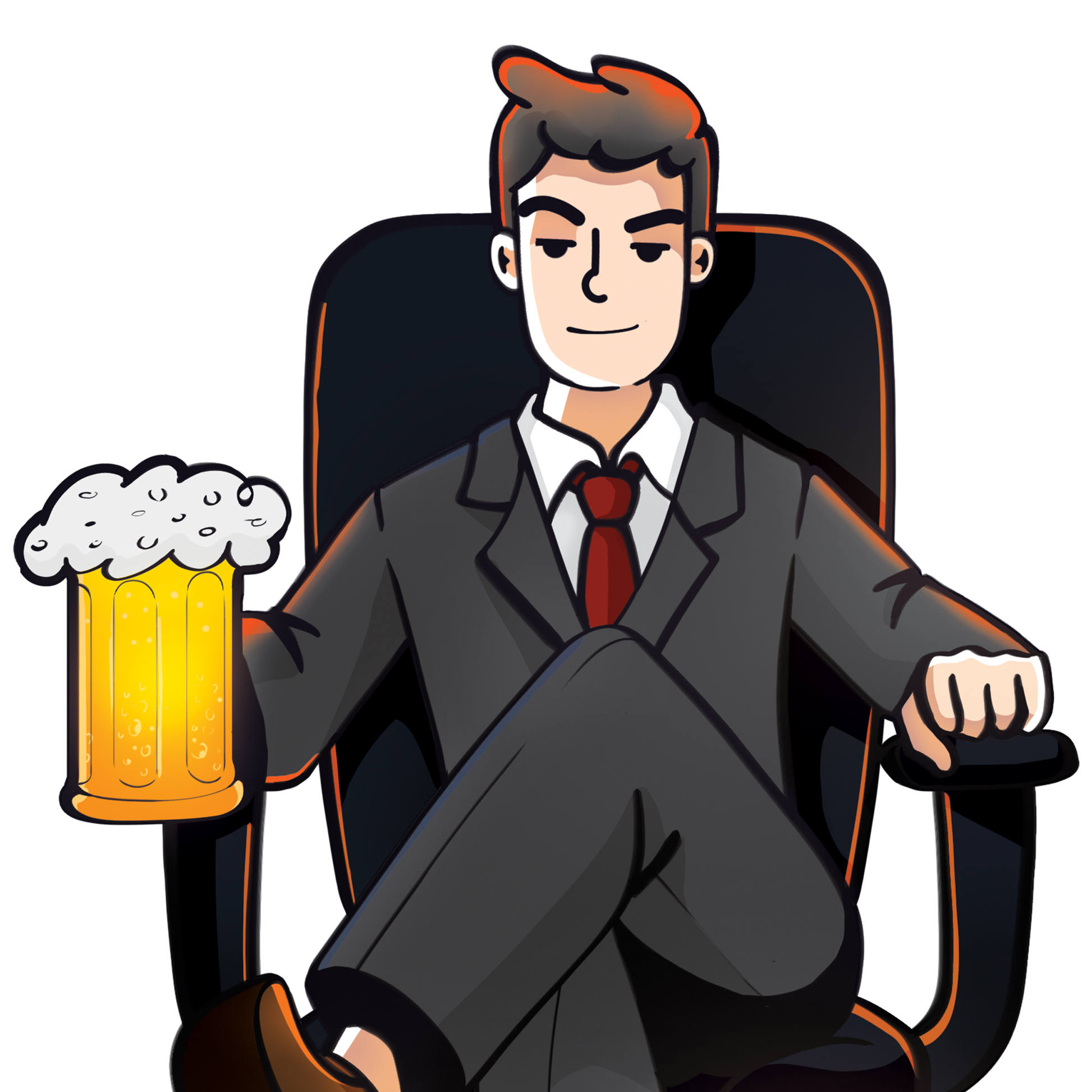 Workplace Wars illustration of a confident businessman in a suit with a beer mug, symbolizing humorous workplace challenges featured in the card game.