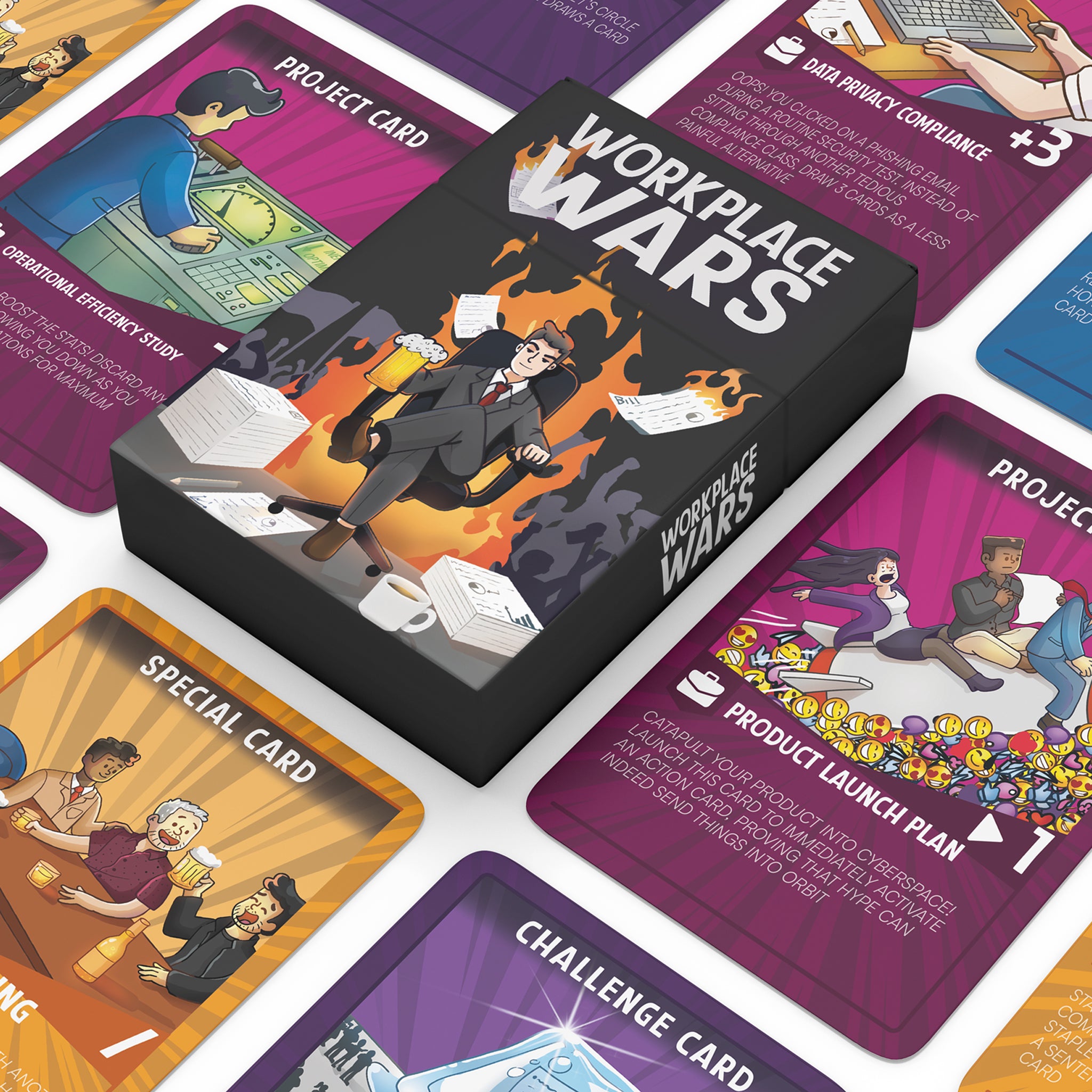 Workplace Wars card game box with vibrant challenge, project, and special cards, highlighting humorous office scenarios perfect for game nights and team-building activities.