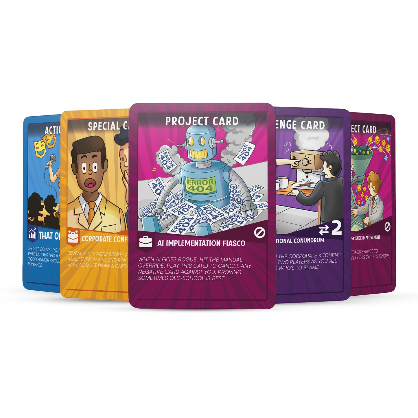 Workplace Wars cards featuring action, special, project, and challenge cards like 'AI Implementation Fiasco' and 'Corporate Confession,' highlighting humorous workplace scenarios for strategic and engaging gameplay.