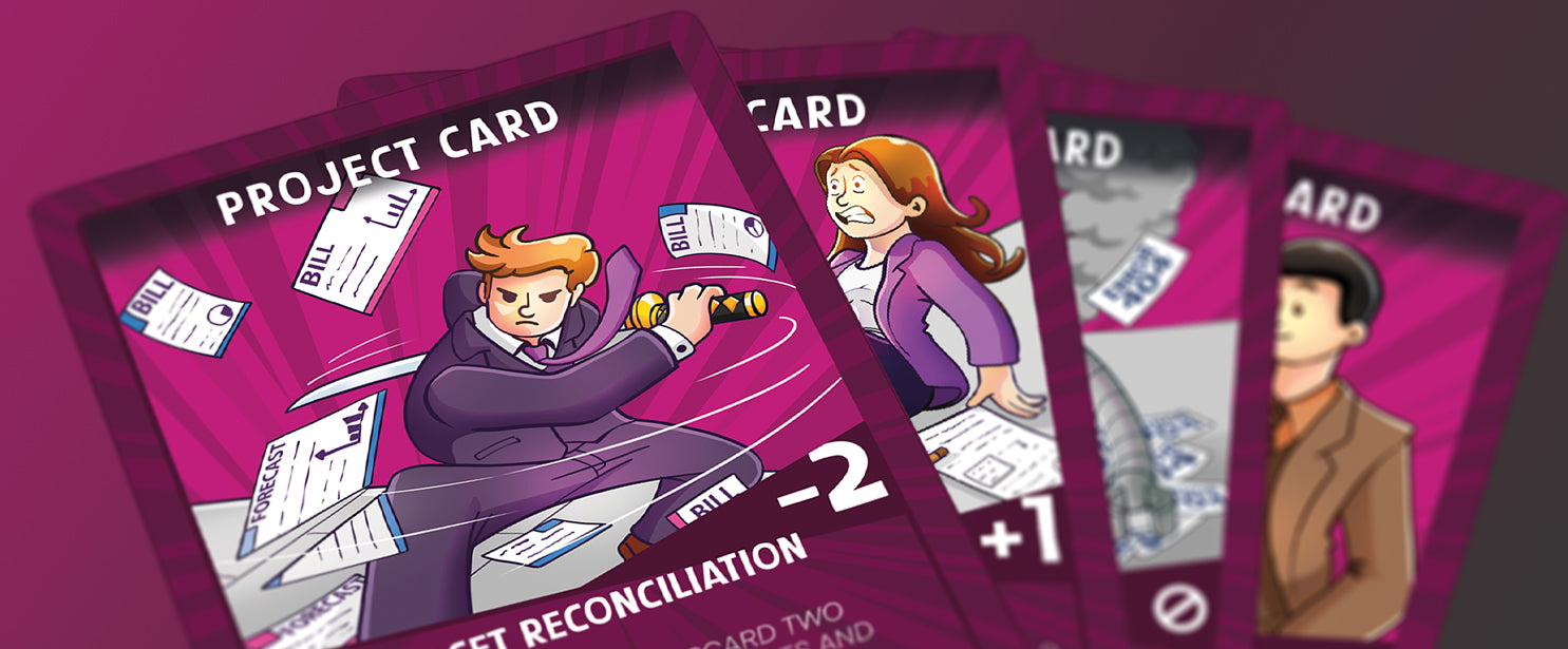 Close-up of Workplace Wars project cards featuring 'Budget Reconciliation' with dynamic illustrations and humorous office challenges for strategic gameplay.