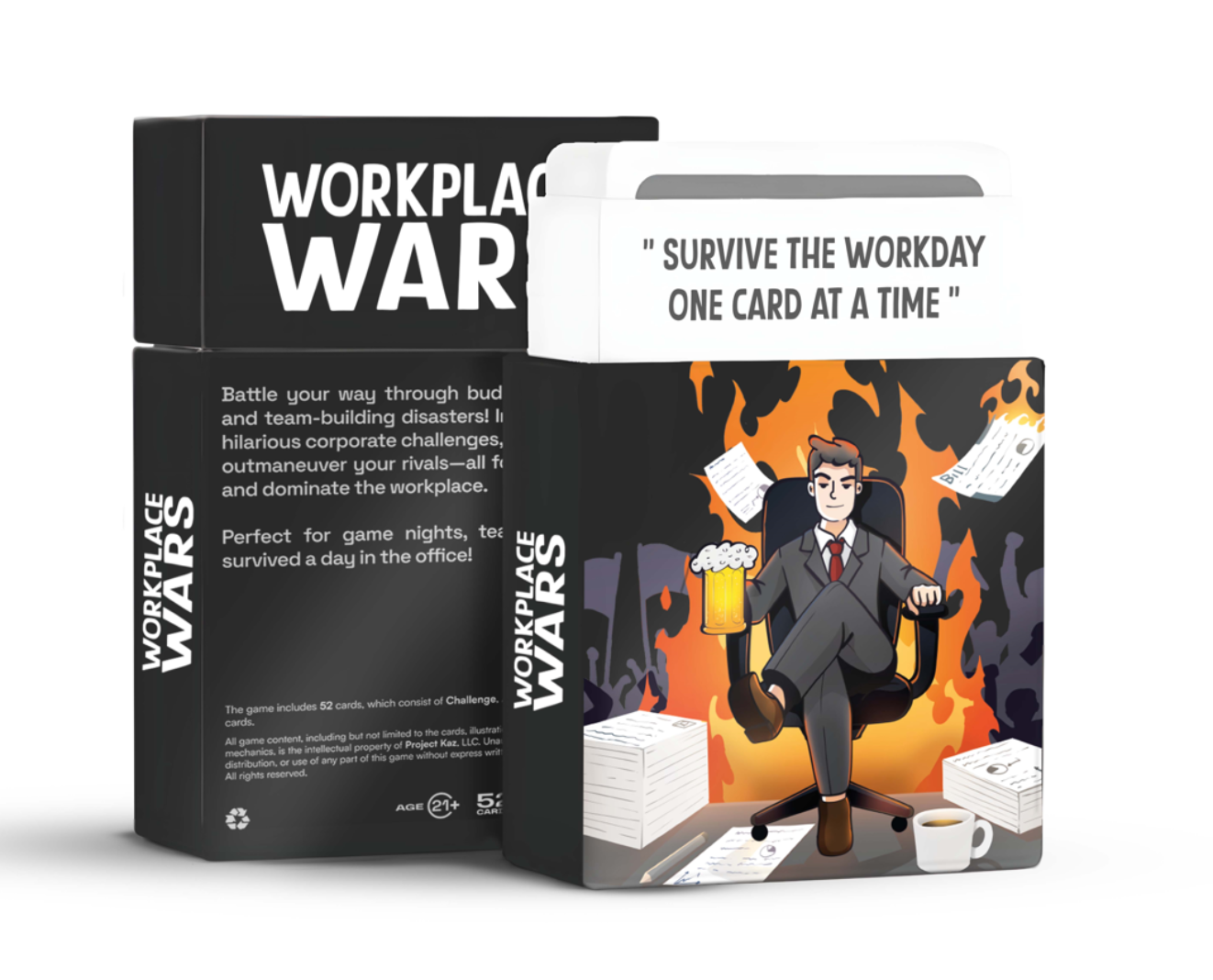 Workplace Wars card game box featuring the tagline 'Survive the Workday One Card at a Time,' with humorous office-themed illustrations and gameplay details for team-building and game nights.