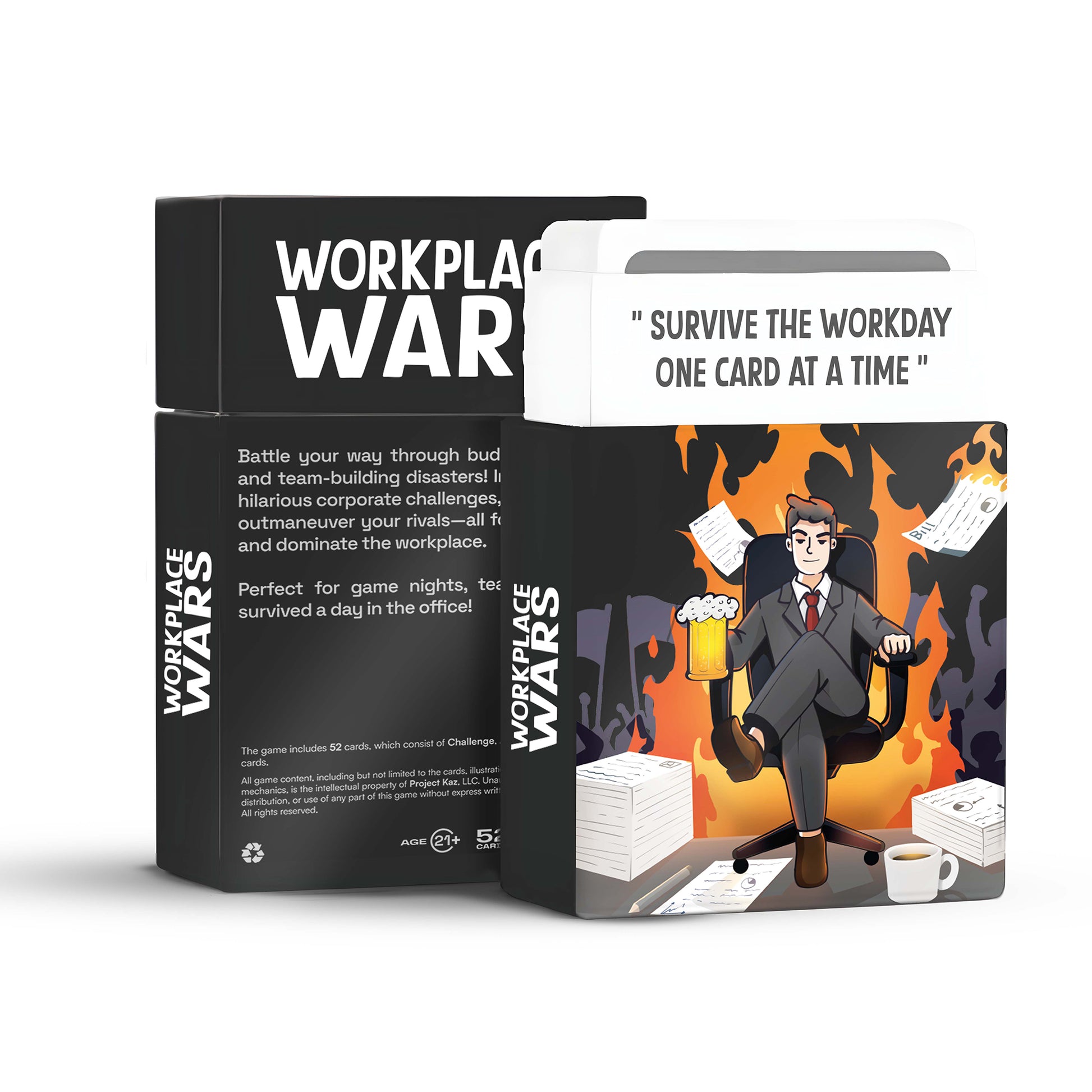 Workplace Wars card game packaging featuring the tagline 'Survive the Workday One Card at a Time,' with illustrations of a businessman amidst office chaos, highlighting team-building and game night fun.