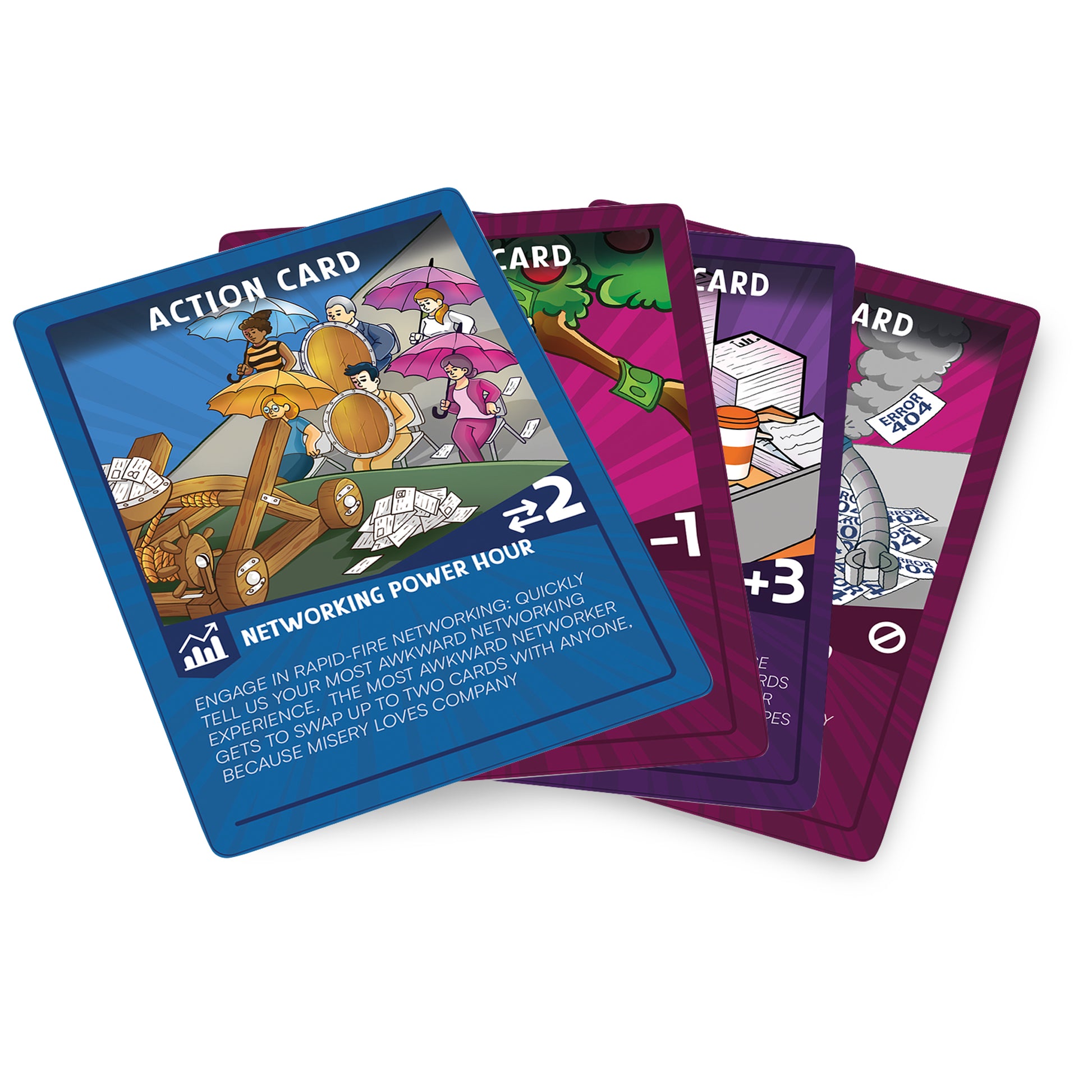 Workplace Wars action, challenge, and project cards displayed, featuring 'Networking Power Hour' and humorous office-themed scenarios, perfect for engaging team-building and game nights.