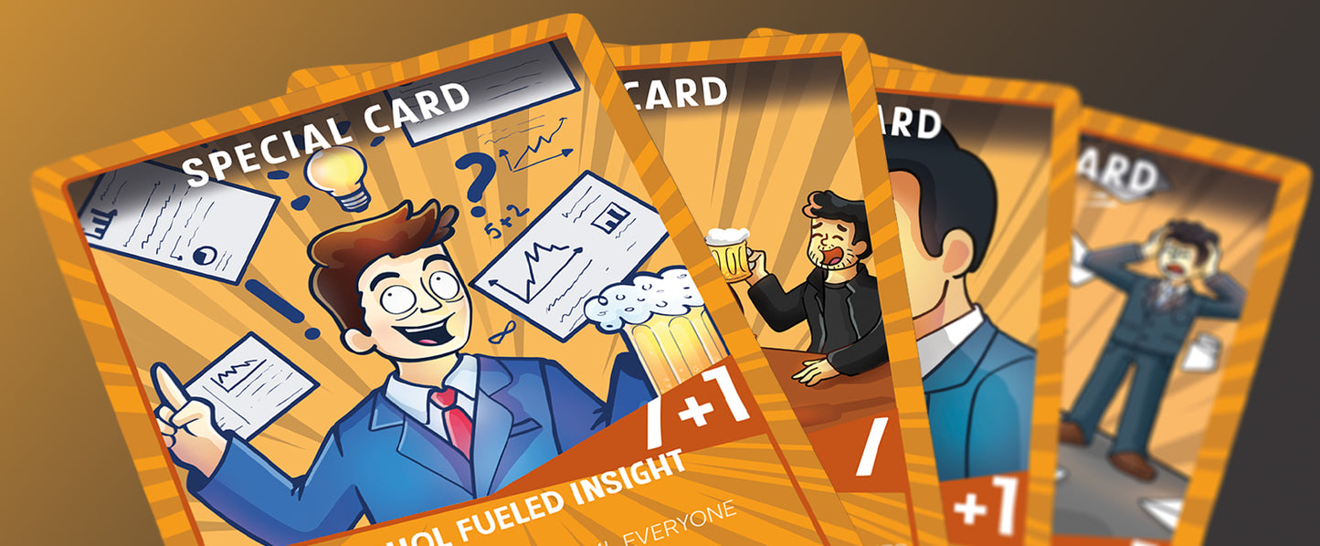 Close-up of Workplace Wars special cards featuring 'Alcohol Fueled Insight,' with quirky illustrations highlighting office humor and strategic gameplay elements.